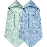 Yoofoss Hooded Baby Towels for Newborn 2 Pack 100% Muslin Organic Cotton Baby Bath Towel with Hood for Babies, Infant, Toddler and Kids, 32x32Inch, Soft and Absorbent Newborn Essential,Blue&Green