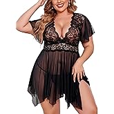 Avidlove Women's Plus Size Babydoll Floral Lace Lingerie Deep V Nighty Mesh Sleepwear