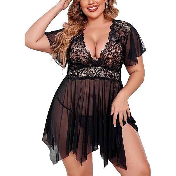 VUYY Plus Size Women Lingerie Sexy Lace Mesh Nightgown Lace Floral Chemise Babydoll Sleepwear S-5XL(White,M) At Women's Clothing Store