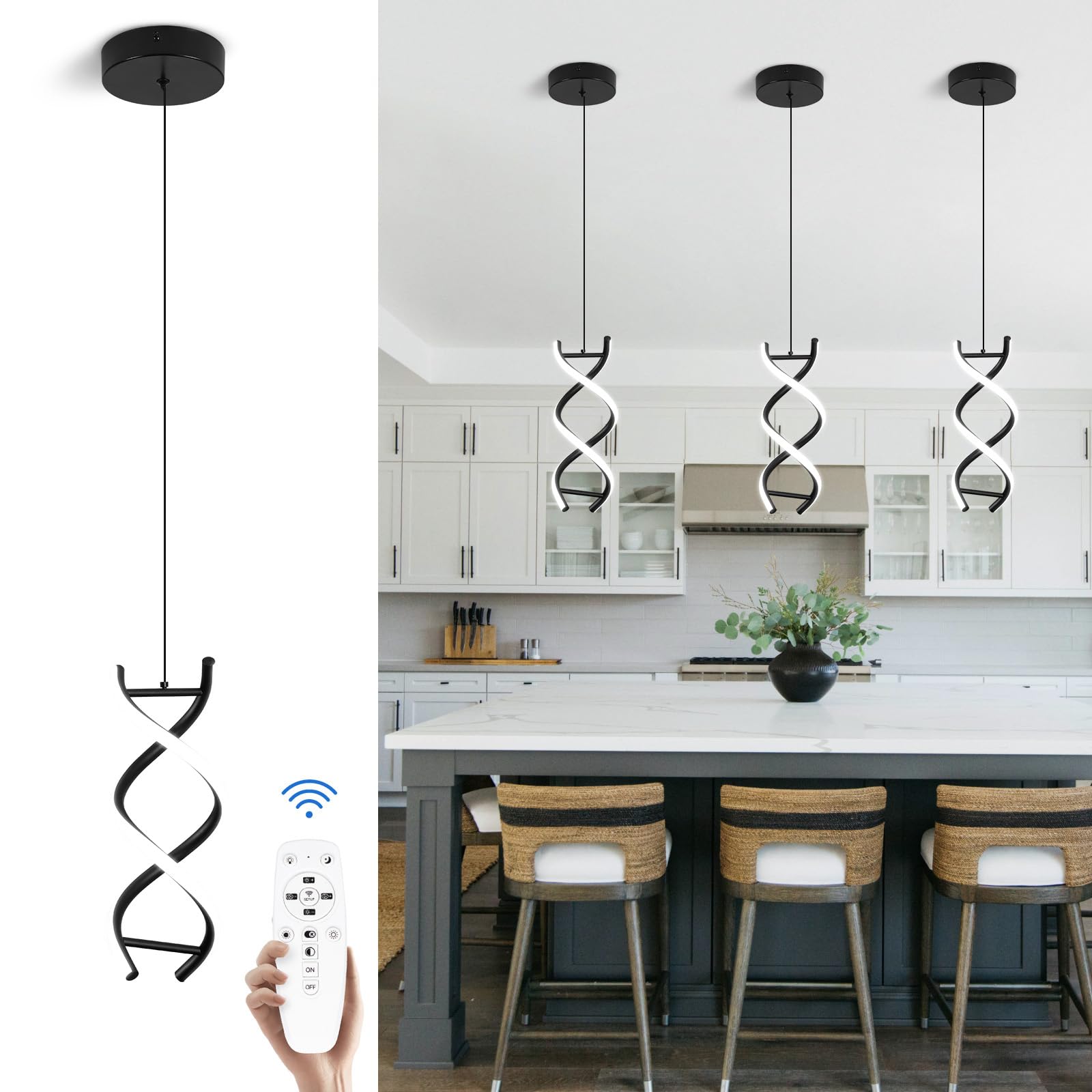 Photo 1 of CANEOE Spiral Led Pendant Light Fixture,15W Dimmable Modern Integrated LED Pendant Lamp, Adjustable Height Kitchen Island Hanging Light Fixture for Living Room Bedroom Kitchen Sink, 1 Pack (Black)
