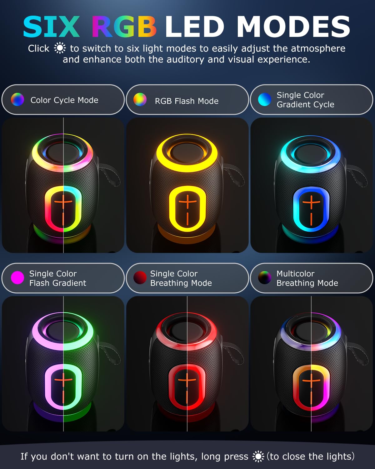 Foseener Portable Bluetooth Speaker with Stereo Sound, IPX5 Waterproof Wireless Speakers, 6 RGB LED Modes, Up to 20H Playtime, BT5.3, TWS Pairing, for Home/Bathroom/Party/Outdoor/Beach, Gift Ideals - Image 2