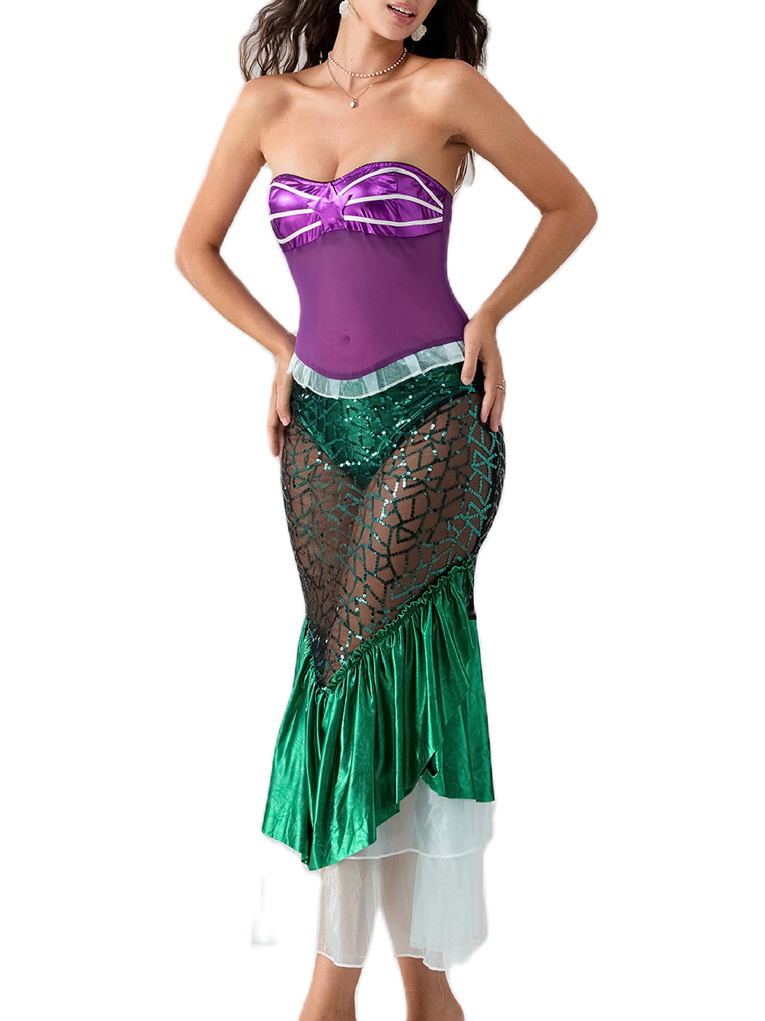Achlibe Adult Mermaid Costume Strapless Tube Tops Ruffle Sequin Long Tail Cosplay Fancy Dress Halloween Costumes (A-Green, XL)