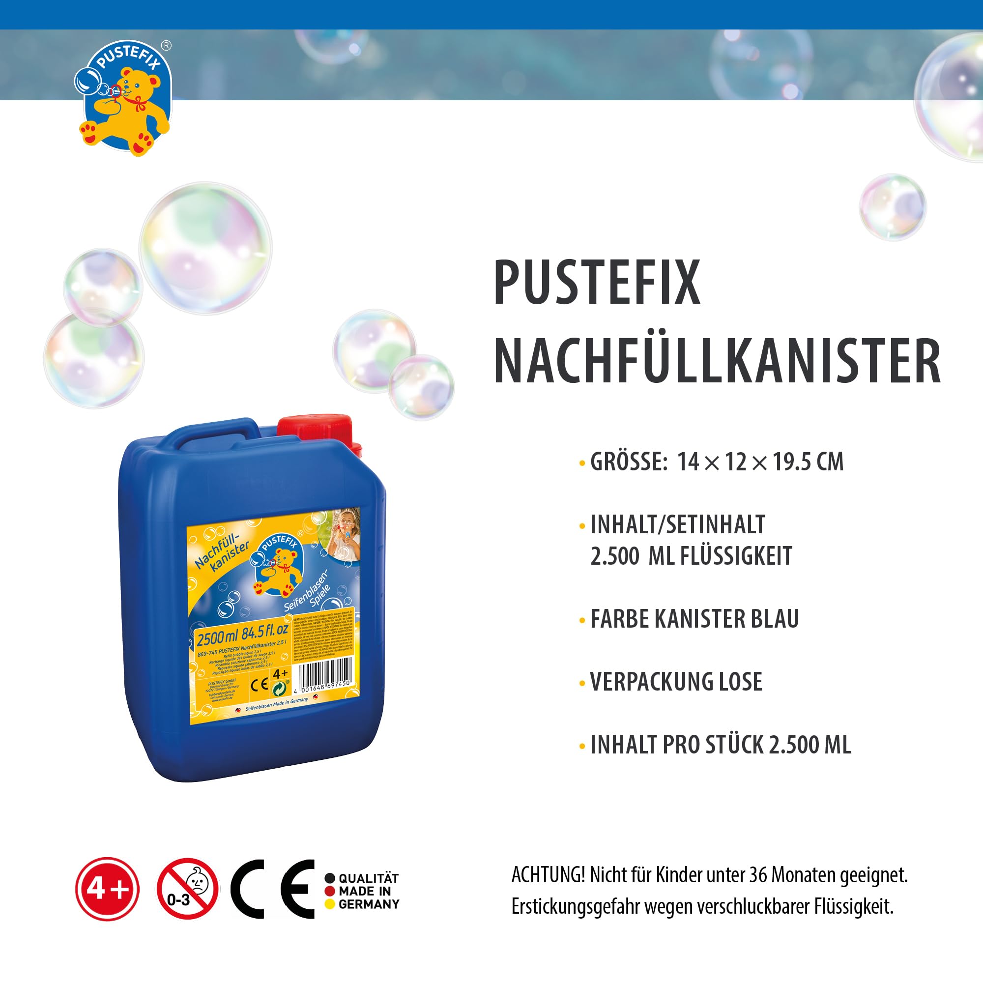 PUSTEFIX - 420869745 Seifenblasen Nachfüllkanister 2,5 Liter I Seifenblasenflüssigkeit für bunte Blasen I I extra Flüssigkeit für mehr Bubble Spaß, für Kinder & Erwachsene auf Geburtstag, Hochzeit 4