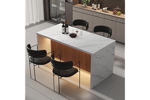 GYFIMOIE 63" Large Imitation Marble Dining Table for 4-6 People(Patent Pending),Island Table with LED Lights, Mordern Marble Stripes Kitchen Dining Table with Grille design for Dining Room,Living Room (White)