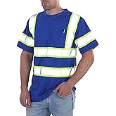 sesafety High Visibility Shirts for Mens Class 3 Hi Vis Reflective Construction Shirts for Men with Pocket Safety T Shirts for Men Work Shirt for Mens Short Sleeve Blue Yellow Strips 5XL