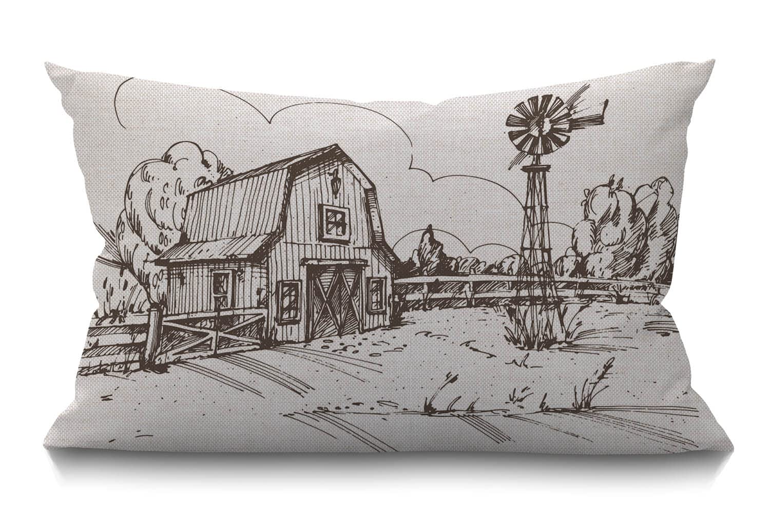 Windmill Cushion Cover 12x20 Inch Rustic Barn Farmhouse Countryside Rural Meadow Tree Grass Sketch Rectangle Pillow Cases Home Decorative Cotton Linen Throw Pillow Cover for Bed Sofa 30 x 50 cm