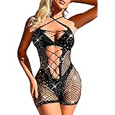 Kaei&Shi Rhinestone Rave Outfits Fit 0-16, Exotic Dancer Fishnet Bodysuit, Sexy Glow Stripper Bodystocking Lingerie For Women