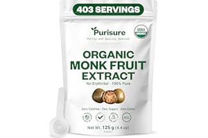 PURISURE Organic Monk Fruit Sweetener, 125g (4.41oz), No Fillers Pure USDA Organic Monk Fruit Extract Powder with No Aftertaste, Zero Calorie & Zero Carbs, Keto & Paleo Friendly 320-403 Servings