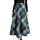 Tanming Women's Winter Warm Elastic Waist Wool Plaid A-Line Pleated Long Skirt