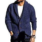 Runcati Mens Shawl Collar Cardigan Sweaters Button Down Open Front Knitwear Cable Knitted Ribbed Jacket Outwear Navy