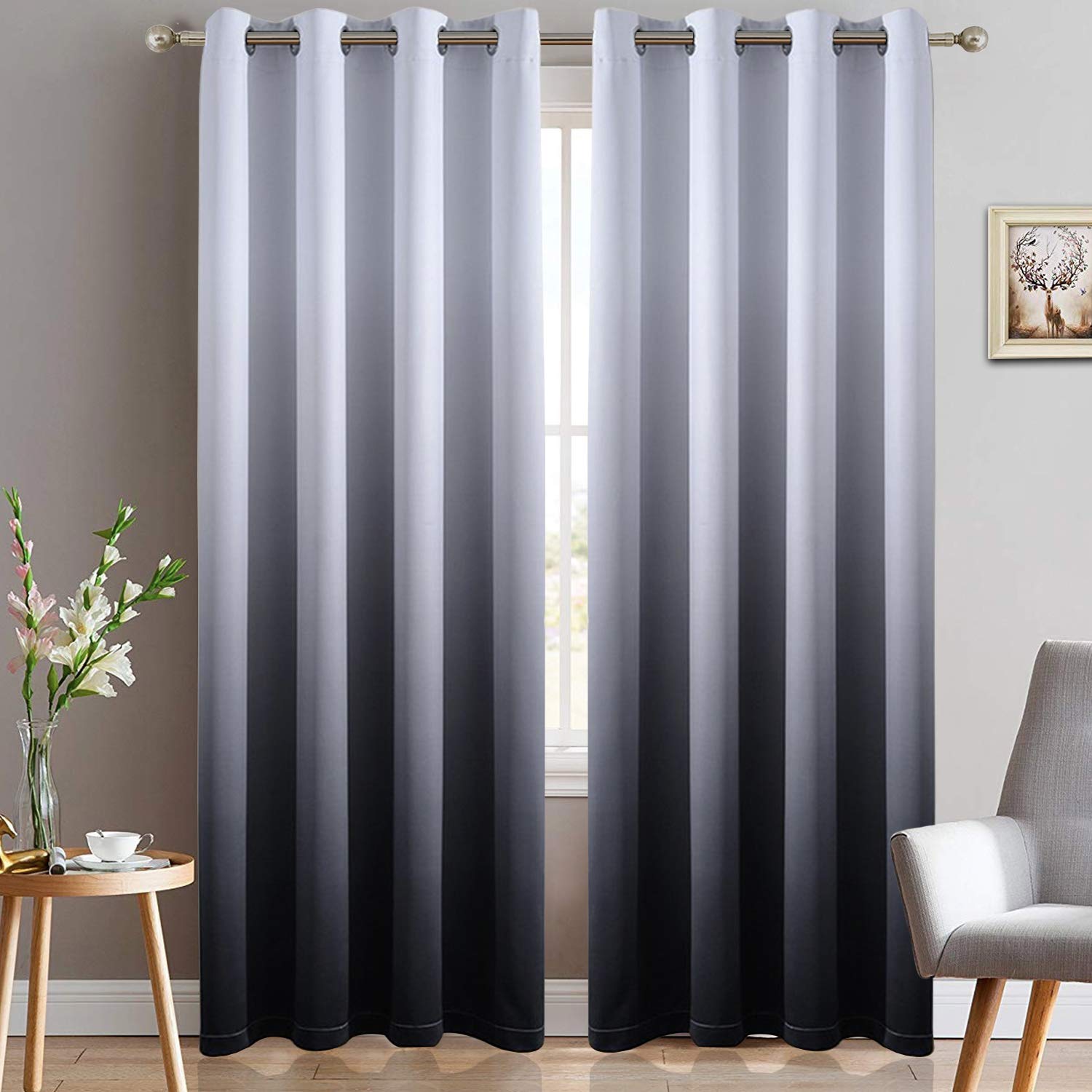Yakamok Room Darkening Gradient Curtains Black Ombre Blackout Curtains with Grommet Thickening Polyester Thermal Insulated Window Drapes for Living Room/Bedroom (Black, 52x96 Inch, 2 Panels)
