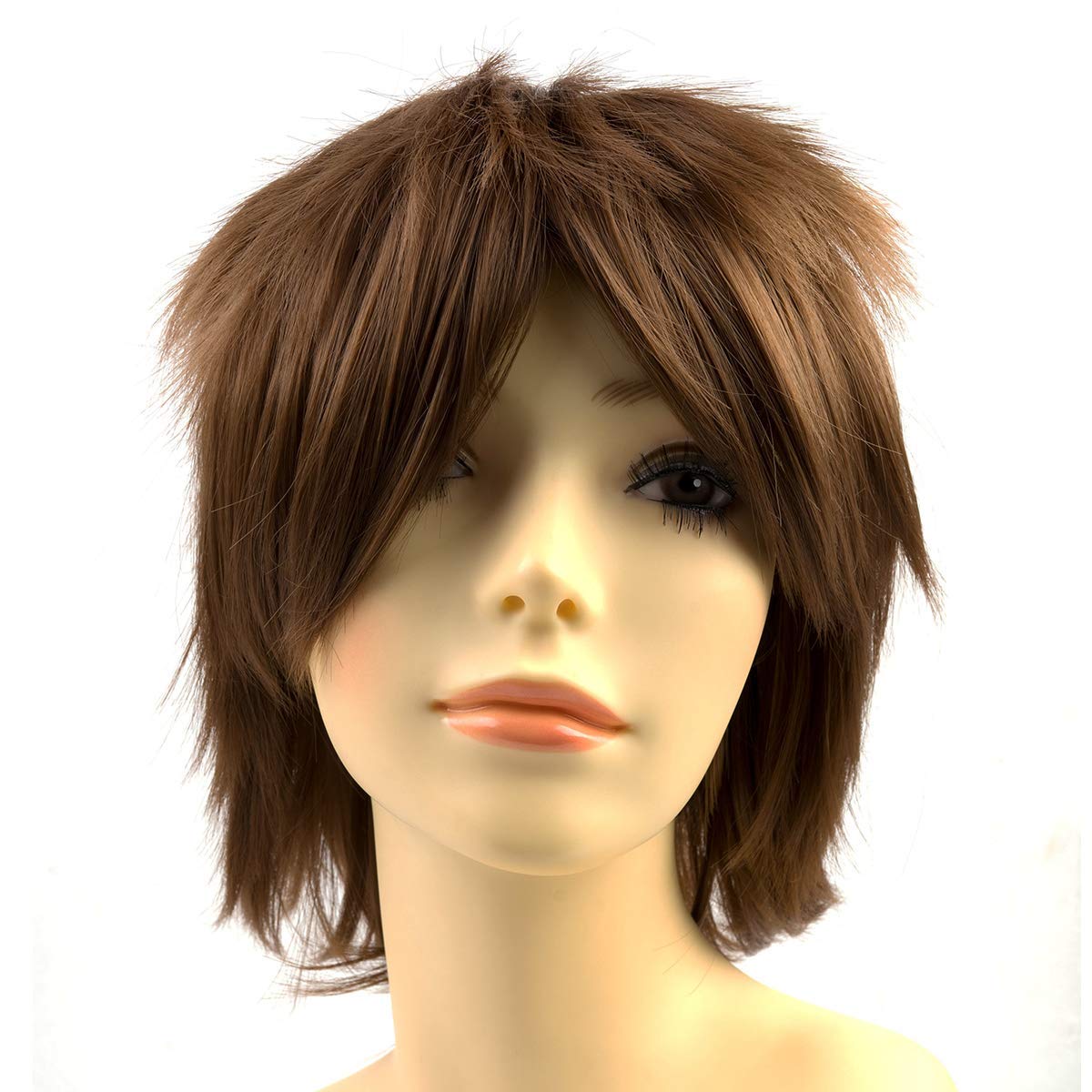Yamel Anime Wig Light Brown for Cosplay Party, Synthetic Layered Short Hair Wigs with Bangs, Pastel Wigs for Women Men Adult