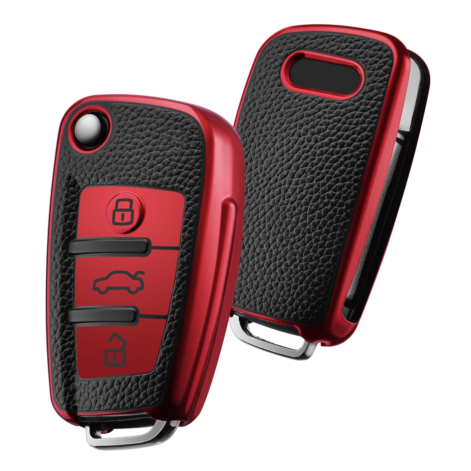 OATSBASF Car Key Cover for Audi, Car Key Case Compatible With Audi A1 A3 A4 A6 Q3 Q5 Q7 S3 R8 TT Remote Protector Case TPU Silicone (Red Leather)