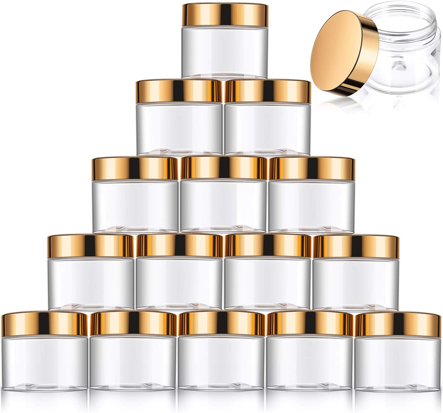 16 Pieces Round Clear Leak Proof Plastic Container Jar with Lid Plastic Slime Jar Empty Slime Storage Container Refillable Storage Favor Jar for Travel Cosmetic Lotion Creams (Gold,60 ml/ 2 oz)