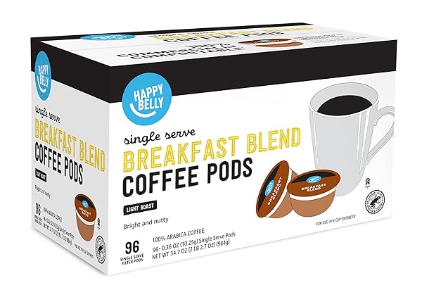 AMAZON BRAND – HAPPY BELLY BREAKFAST BLEND COMPOSTABLE COFFEE PODS, LIGHT ROAST, COMPATIBLE WITH K-CUP BREWER, 96 COUNT