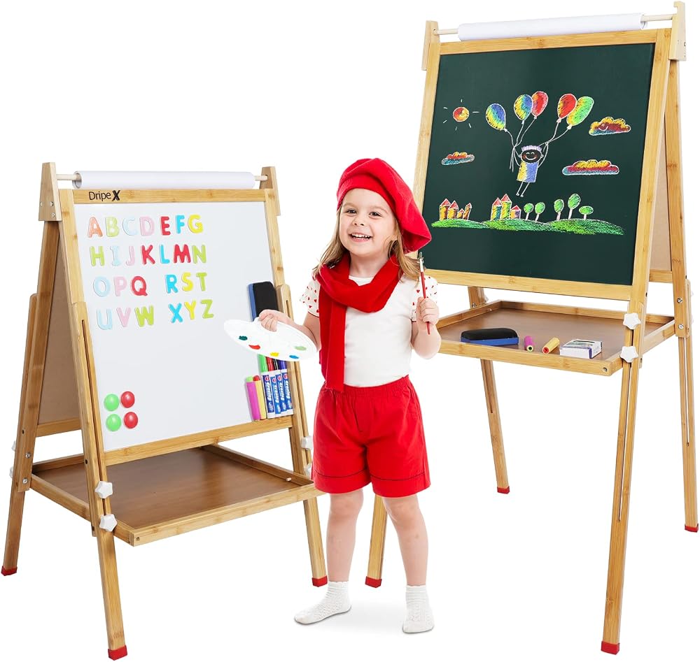 Dripex Bamboo Kids Easel 3-in-1 Double-Sided Magnetic Chalkboard Paper Roll