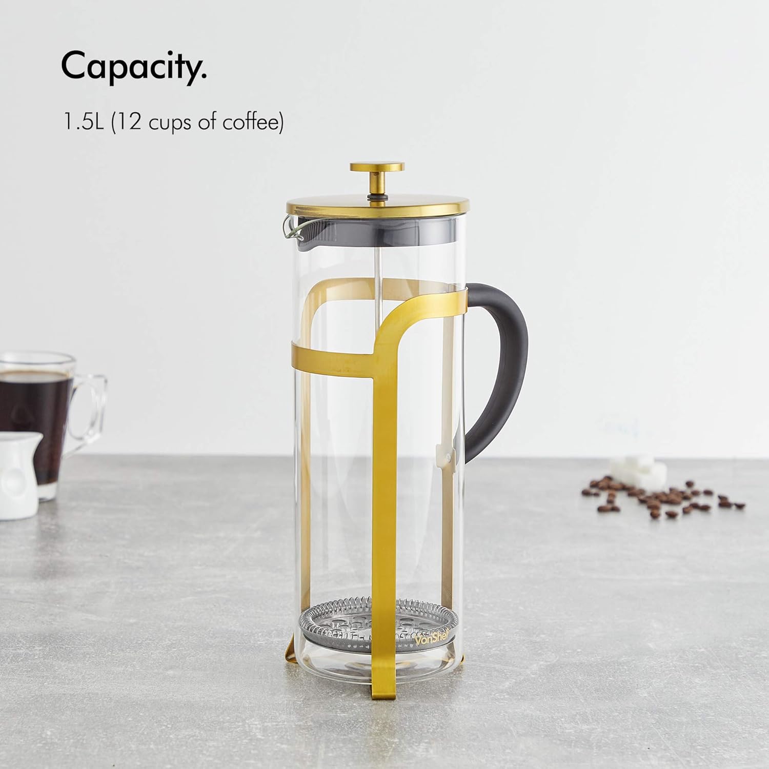 VonShef French Press Cafetière Gold Stainless Steel Glass 12 Cup/1.5