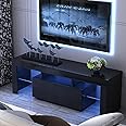WERSMT Black TV Stand with LED, Entertainment Center with Drawer for 55 60 Inch TV, Modern High Gloss TV Console Cabinet with 2 Glass Open Shelves