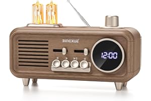 BINGXUE Retro Radios FM Portable Bluetooth Speaker,12/24H Small Plug in Vintage Clock Radio with USB/AUX/TF Card for Kitchen/Bedroom/Desk/Shelf (Wood Grain)