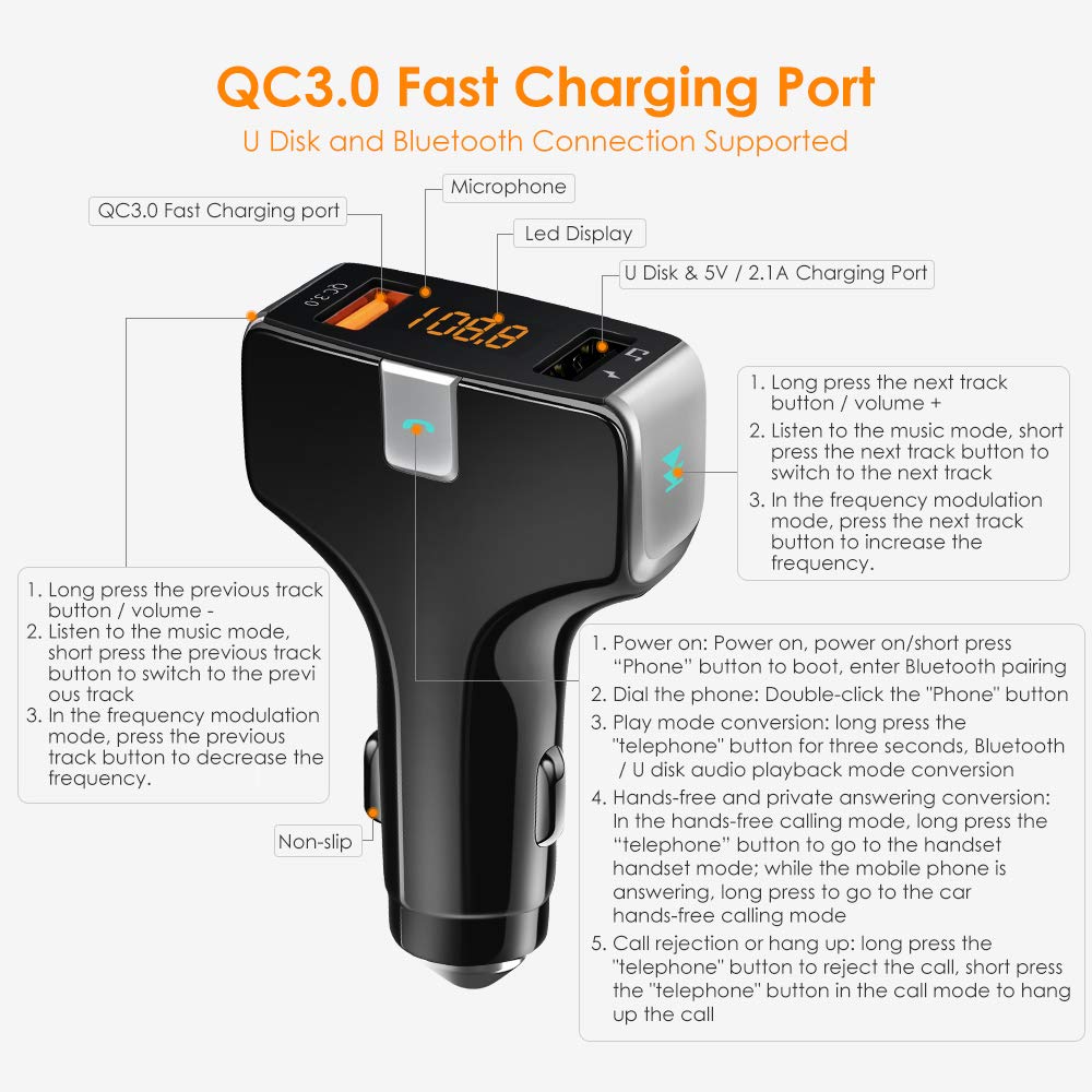 bedee FM Transmitter Bluetooth 5.0 with QC3.0 Charger for Car, Wireless FM Transmitter Car Radio Audio Adapter, Handsfree Car Kit with Dual USB Charging Ports, LED Display, USB Flash Drives Reader