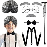 Eerrhhaq Old Man Costume for Men Boys,Gray Old Man Wig,Grandpa Accessories Set for 100th Day of School Dress-Up,Halloween Cosplay,8 Pieces