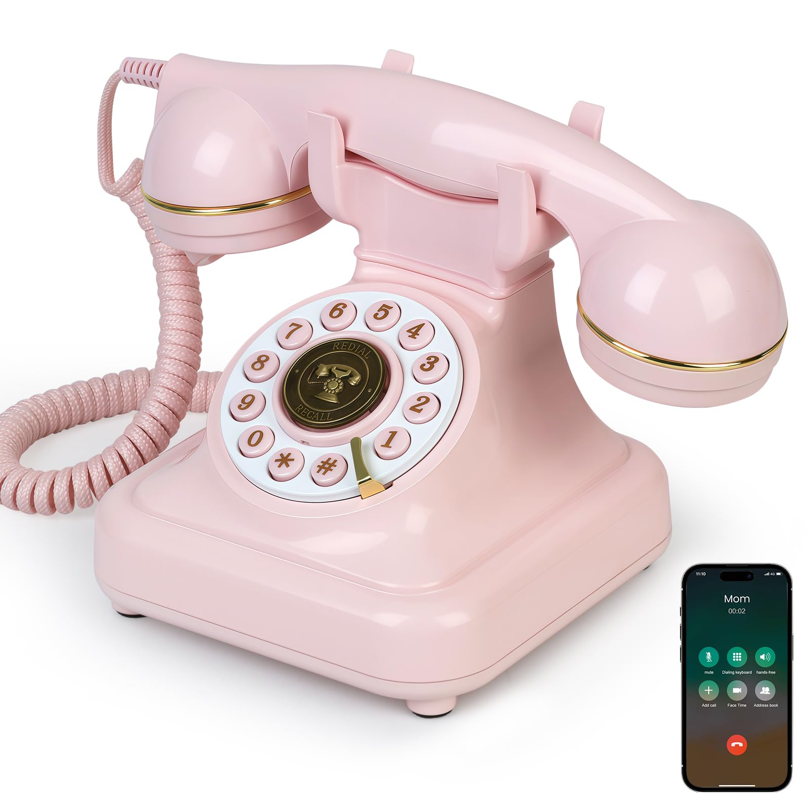 Photo 1 of Sangyn Bluetooth Retro Desk Phone with Handset & Speakerphone, Classic Bluetooth Landline Telephone, Bluetooth Home Phone with USB Rechargeable Power, Hands-Free Calling & Music Playback, Pink