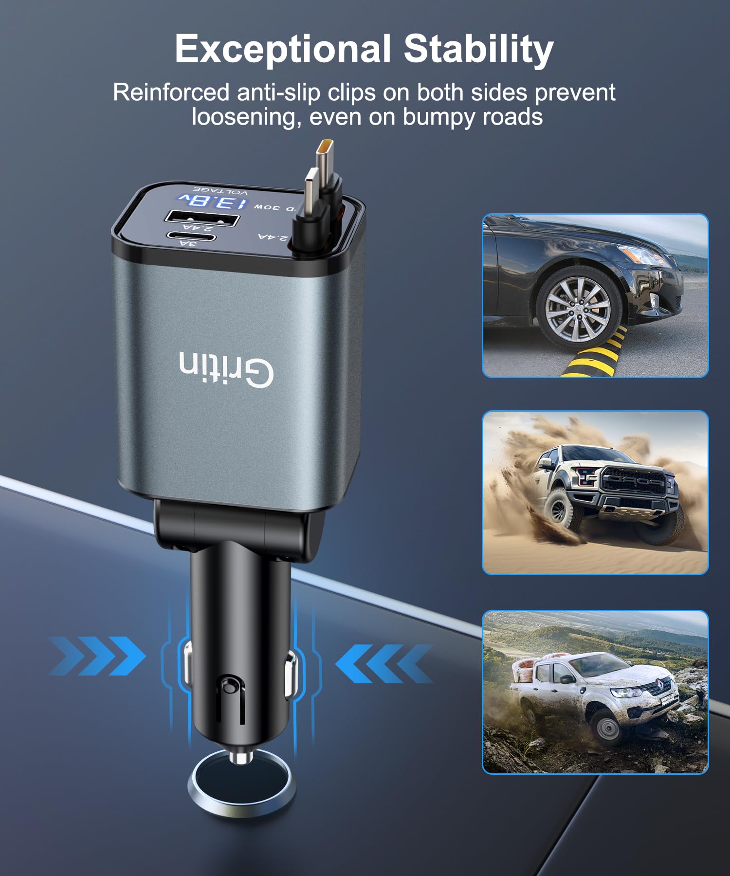 Gritin Retractable Car Charger, 69W Super Fast 4 in 1 USB C Car Charger Adapter with Smart Device-Adaptive Charging Technology&Instant Voltage Display, Accessories for iPhone17 16 Pro Max,iPad,Android