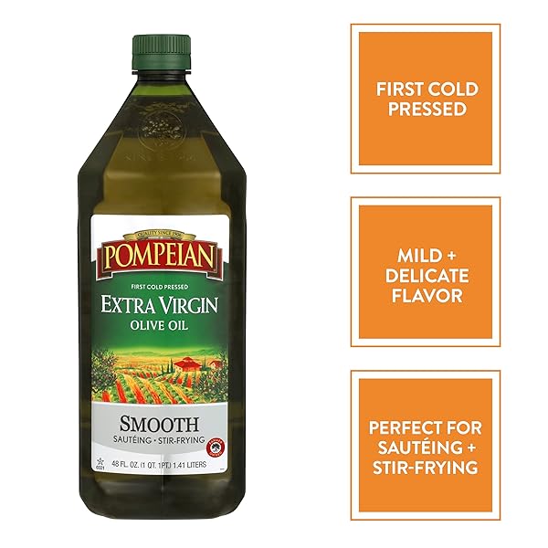 POMPEIAN SMOOTH EXTRA VIRGIN OLIVE OIL, CONTAINS POLYPHENOLS, FIRST COLD PRESSED, MILD AND DELICATE FLAVOR, PERFECT FOR SAUTEING & STIR-FRYING, NATURALLY GLUTEN-FREE, NON-GMO, 48 FL OZ, SINGLE BOTTLE