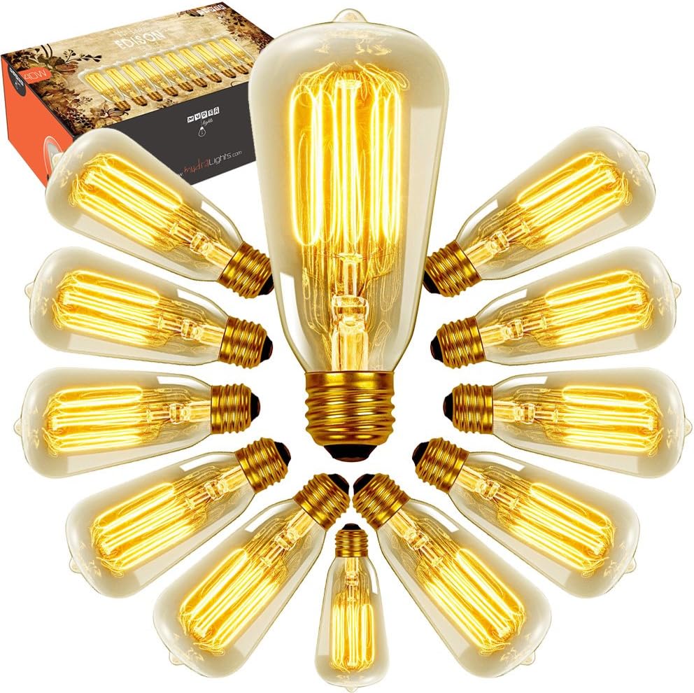 Edison Bulbs - 12 Pack 40w Dimmable Vintage Antique Style - Original Nostalgic Reproduction Bulb Filament for String Lights & Pendant Lamps