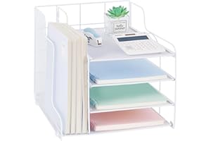 OPNICE Desk Organizers and Accessories, 4-tier Desk Paper Letter Tray Organizer with File Holder, Office Desktop Workspace File Organizer for Office Supplies Desk Accessories, White