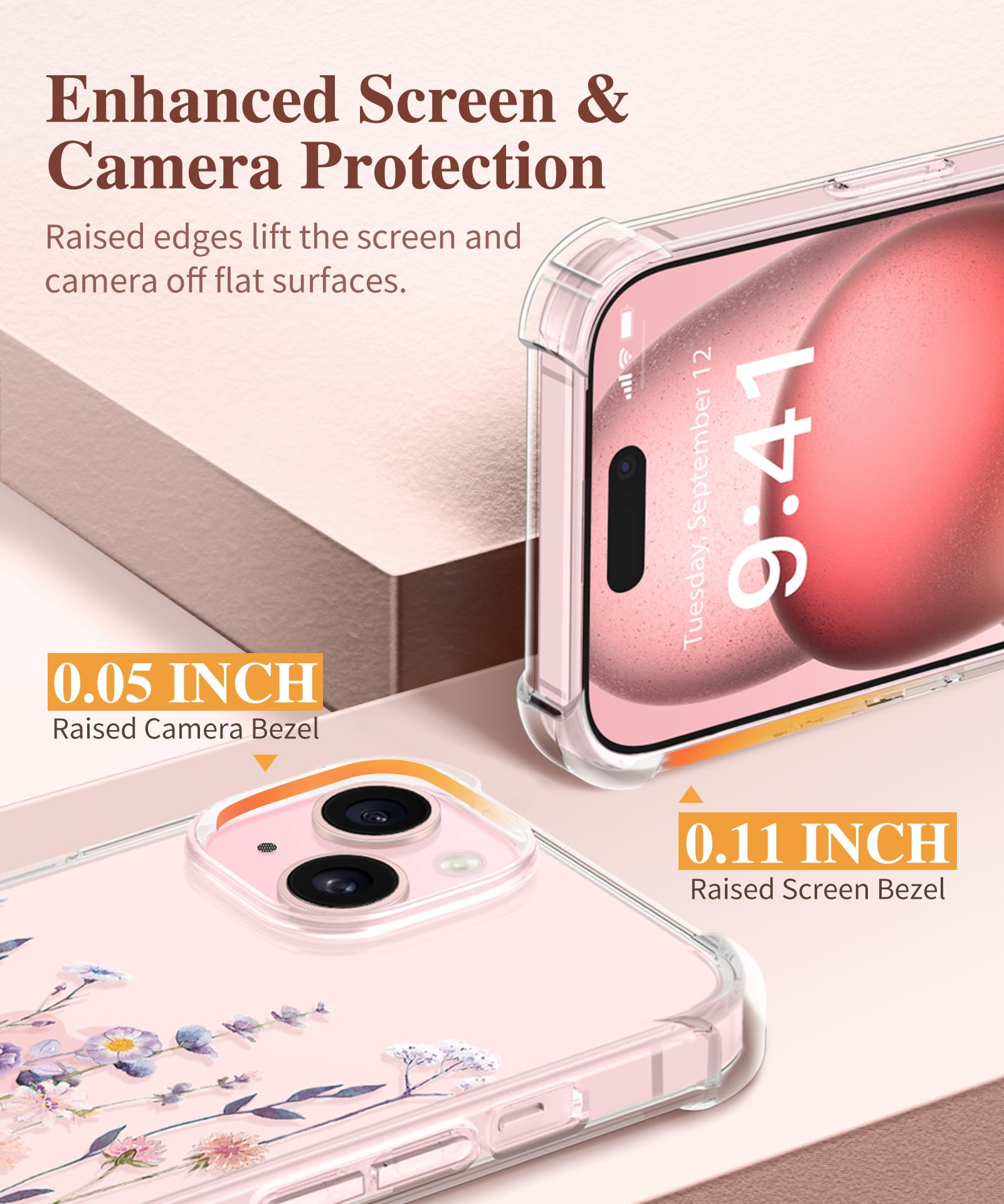 GVIEWIN for iPhone 15 Case, [3 in 1] with Screen Protector & Camera Lens Protector, Clear Soft Shockproof Slim Fit Floral Phone Cover for Women Girls 2023 6.1