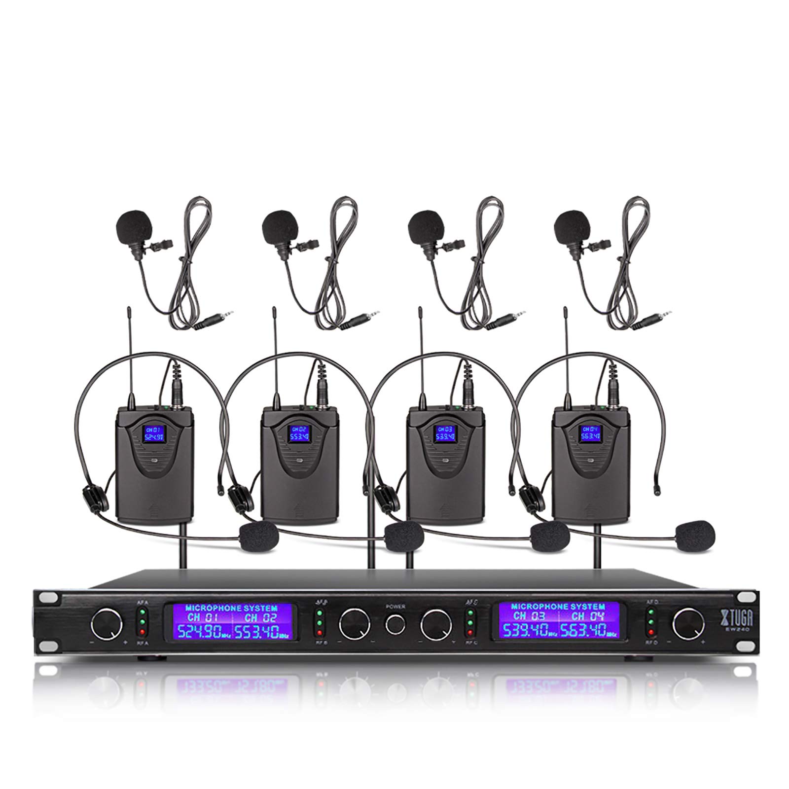XTUGA EW240 UHF 4 Channel Wireless Microphone System UHF Wireless Microphone System Metal Receiver with 4 HandHeld/Bodypack for Stage Church，Family Party (4Bodypacks)