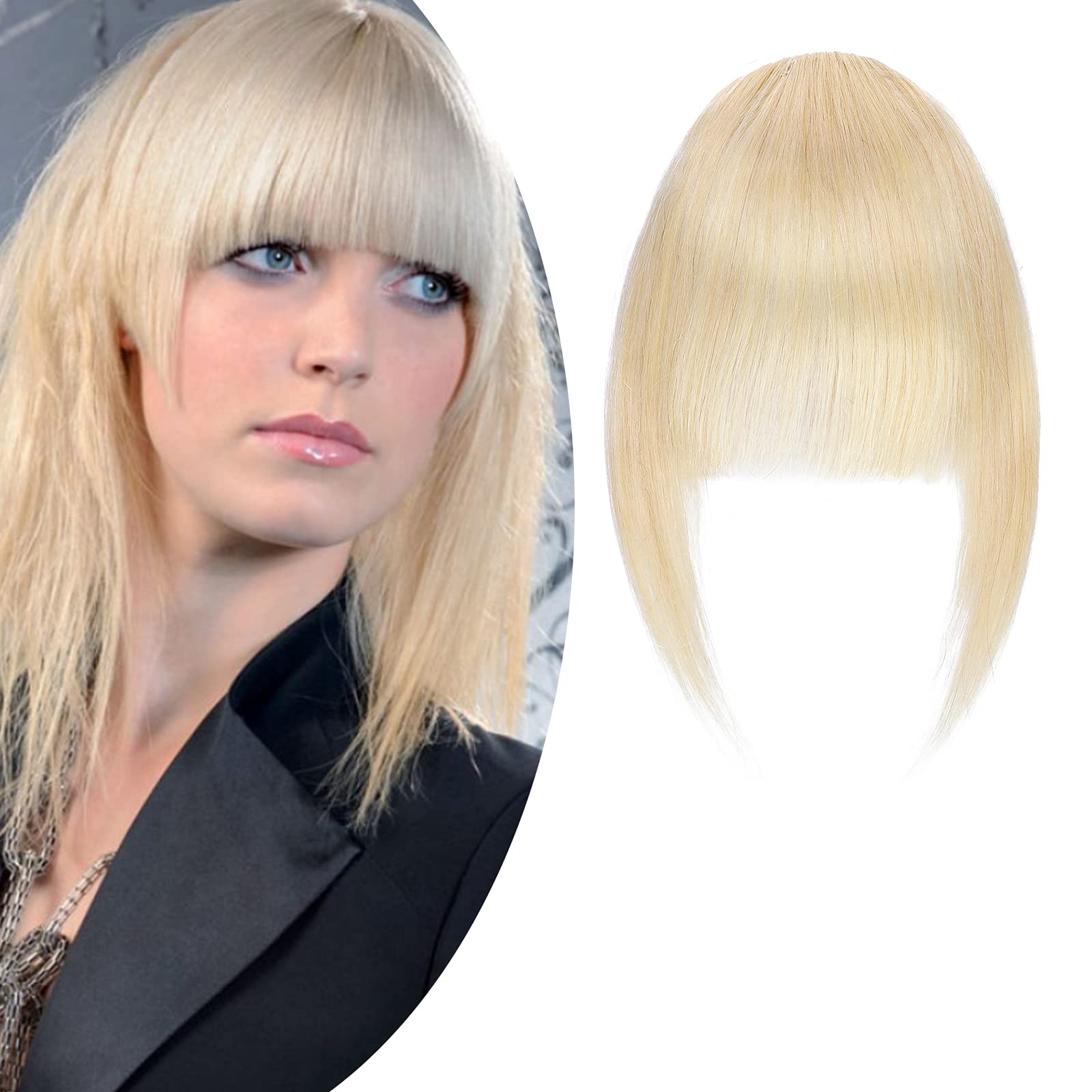 SEGO Clip in Bangs Human Hair Extensions French Style Thick Fringe [#613 Bleach Blonde] One Piece Real Remy Hairpieces for Women Straight Clip-on Fringe Invisible (14g)