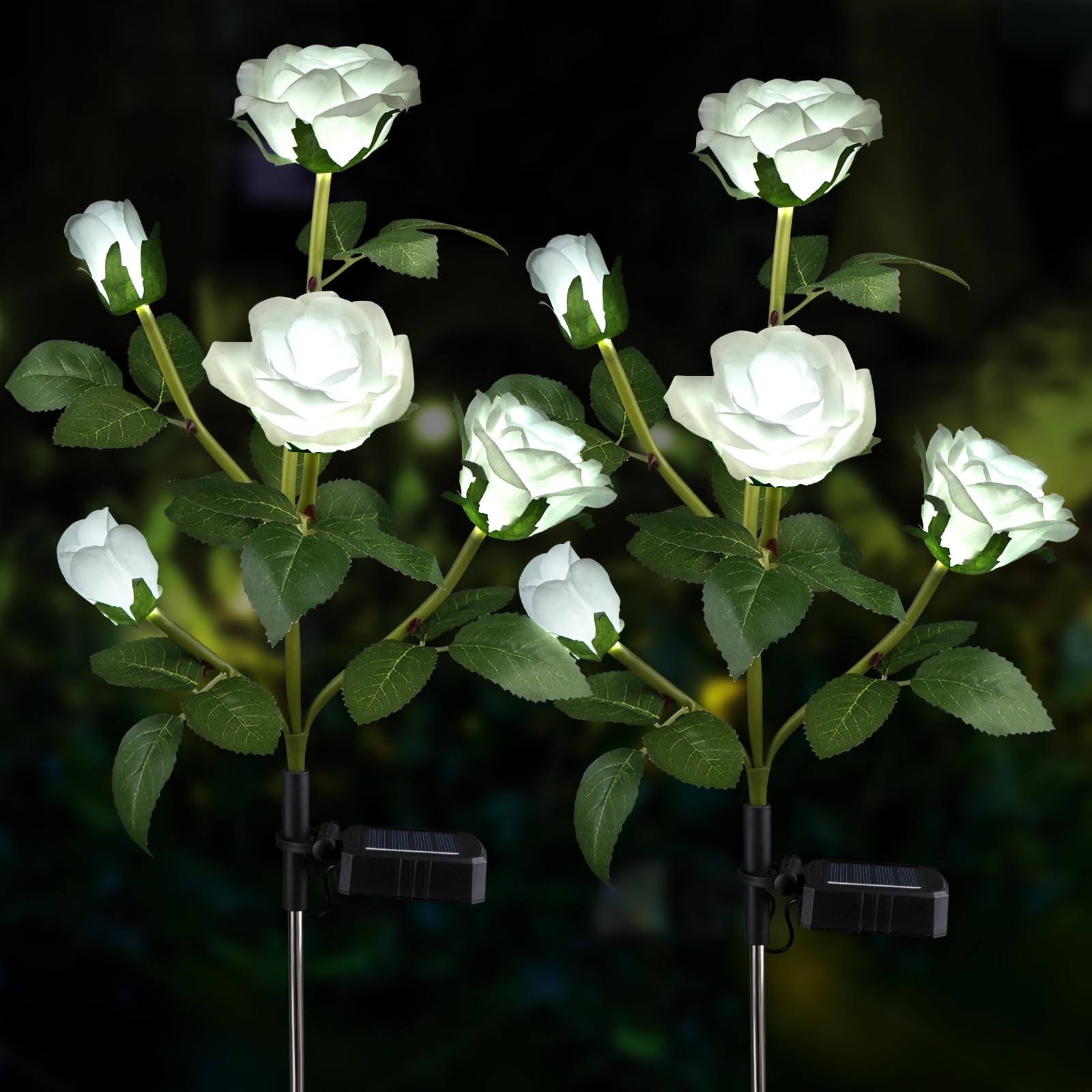 Aolyty 2 Pcs LED Solar Garden Lights, Decorative Waterproof Roses Stake Light, 5 Flowers Outdoor Artificial Ornaments for Grave Patio Pathway (White)