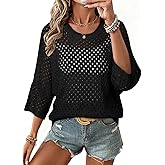 SHEWIN Womens Sweaters Crew Neck 3/4 Length Sleeve Crochet Tops Knit Beach Cover Ups Spring Outfits for Women