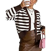 Women's Striped Cardigan Sweaters V Neck Open Front Sweaters Lightweight Long Sleeve Button Tops Ribbed Knit Outerwear