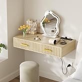 Wozkli 31.5" Floating Vanity Desk, Wall Mounted Desk with Drawer &amp; Power Outlet, Modern Fluted Makeup Table, Space Saving Writing Desk for Small Apartment Bedroom Home Office (Oak + Gold)