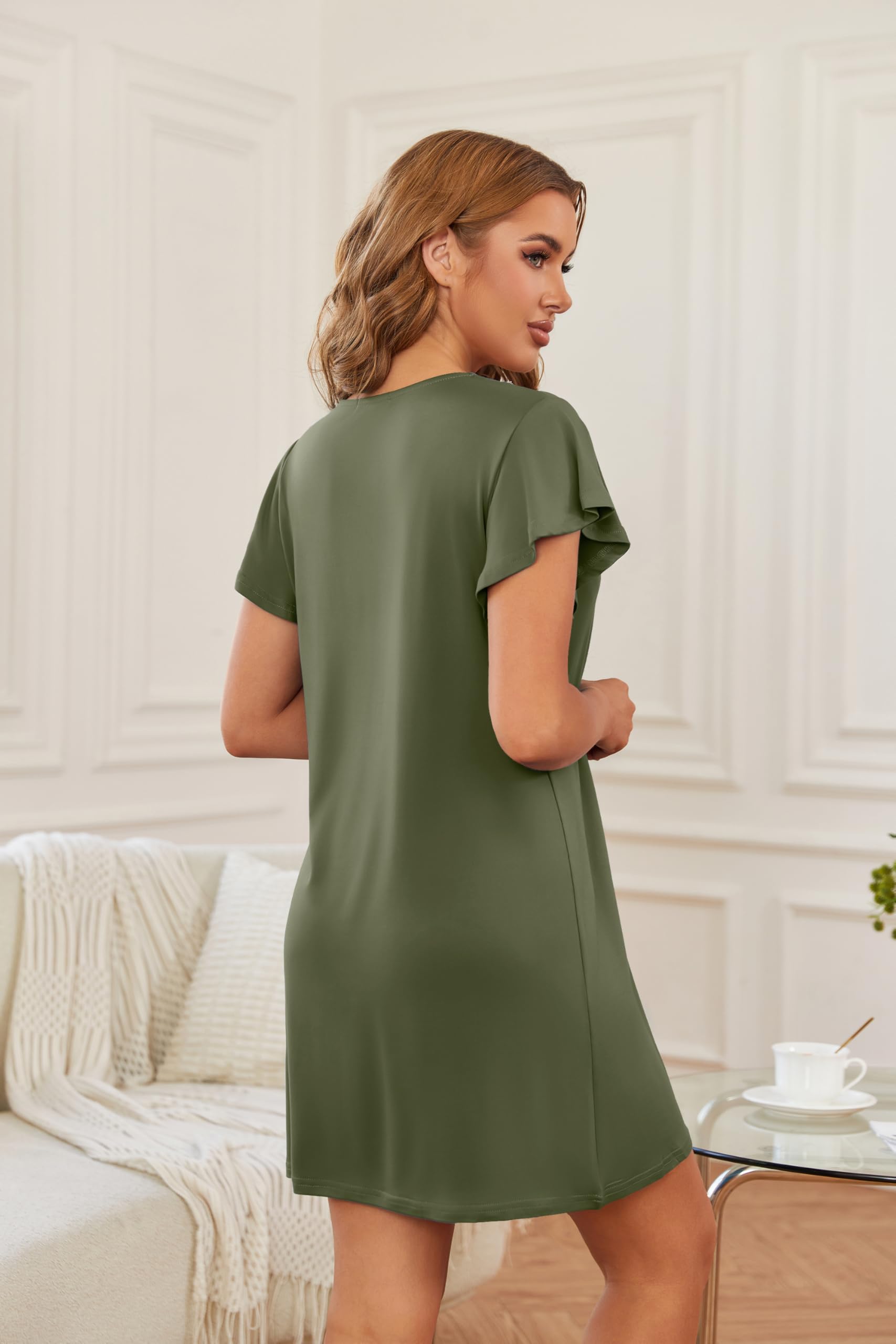 Ekouaer Nightgowns for Women Flare Short Sleeve Sleepshirt Guipure Lace V Neck Sleepwear Soft Pj Dress Night Shirt Army Green M