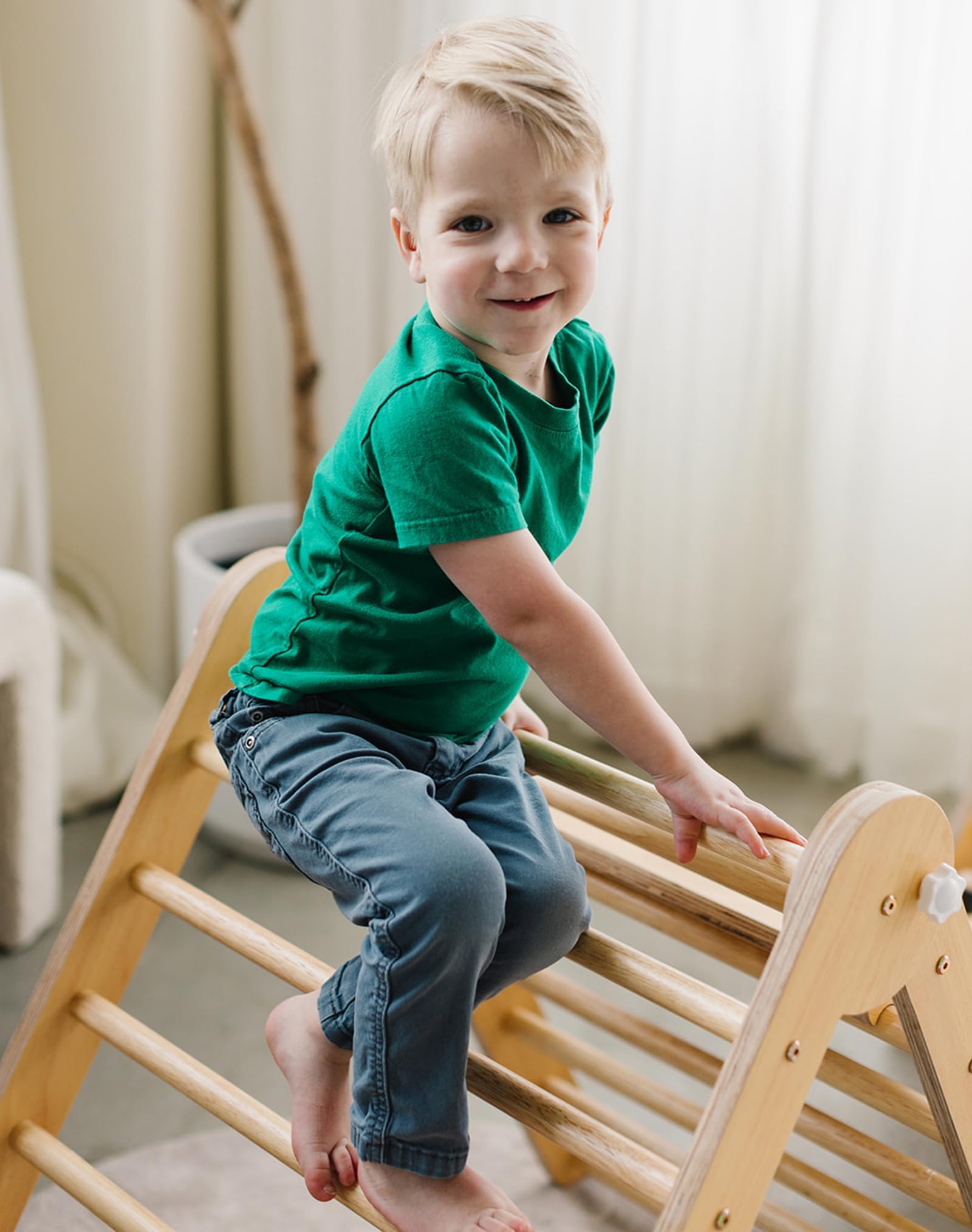 Asweets 4 in 1 Pikler Triangle Gym, Montessori Foldable Climber with Ramp, Indoor Climbing Toys for Kids, Climbing Triangle for Toddlers Arch Climber, Rocker, Learning Waldorf Children Toy, Natural
