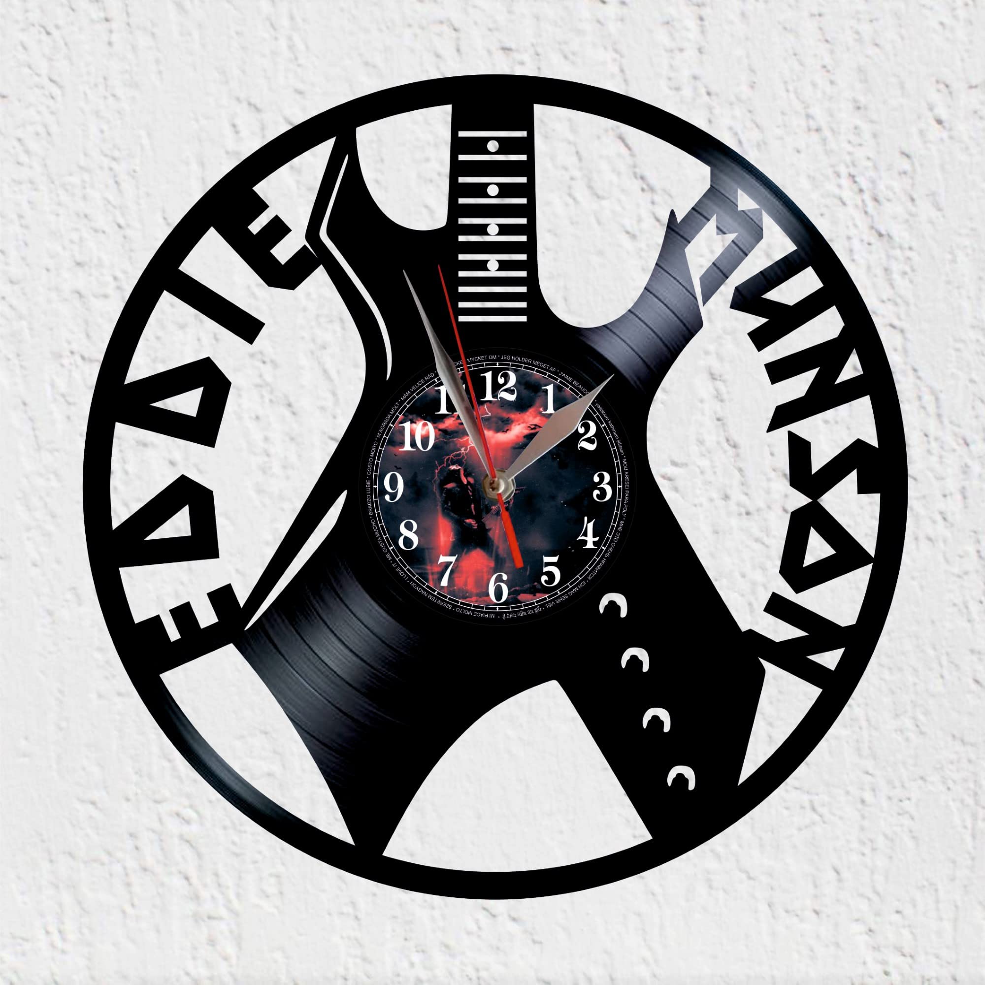 Wall Clock Electric Guitar Shape Eddie Munson Music Instrument Vinyl Record Decoration, Black/White, 12'' (Ggizda-007)