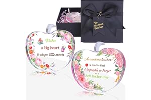 FAIROOTH Teacher Appreciation Gift Signs 2 Pcs Acrylic Keepsake Paperweight Plaque Thank You Teacher Apple Shape Acrylic Sign for Teacher Appreciation Day Graduation Retirement Gifts (Pink Flower)