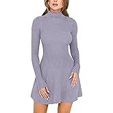 YMDUCH Women's Casual Fall Pullover Sweater Dress Mock Neck Long Sleeve Knit Ribbed Mini Dress