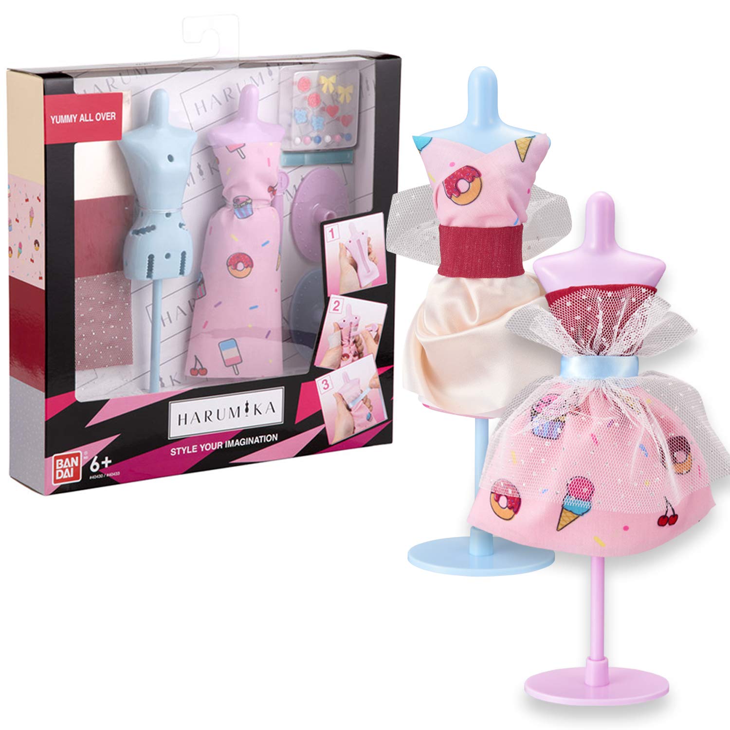 BANDAI 40433 Harumika Fashion Design for Kids-Craft Your Own Catwalk Looks with This Creative Kit-Double Torso Set-'Yummy All Over' Style Includes Reusable Mannequin, Fabric and Accessories