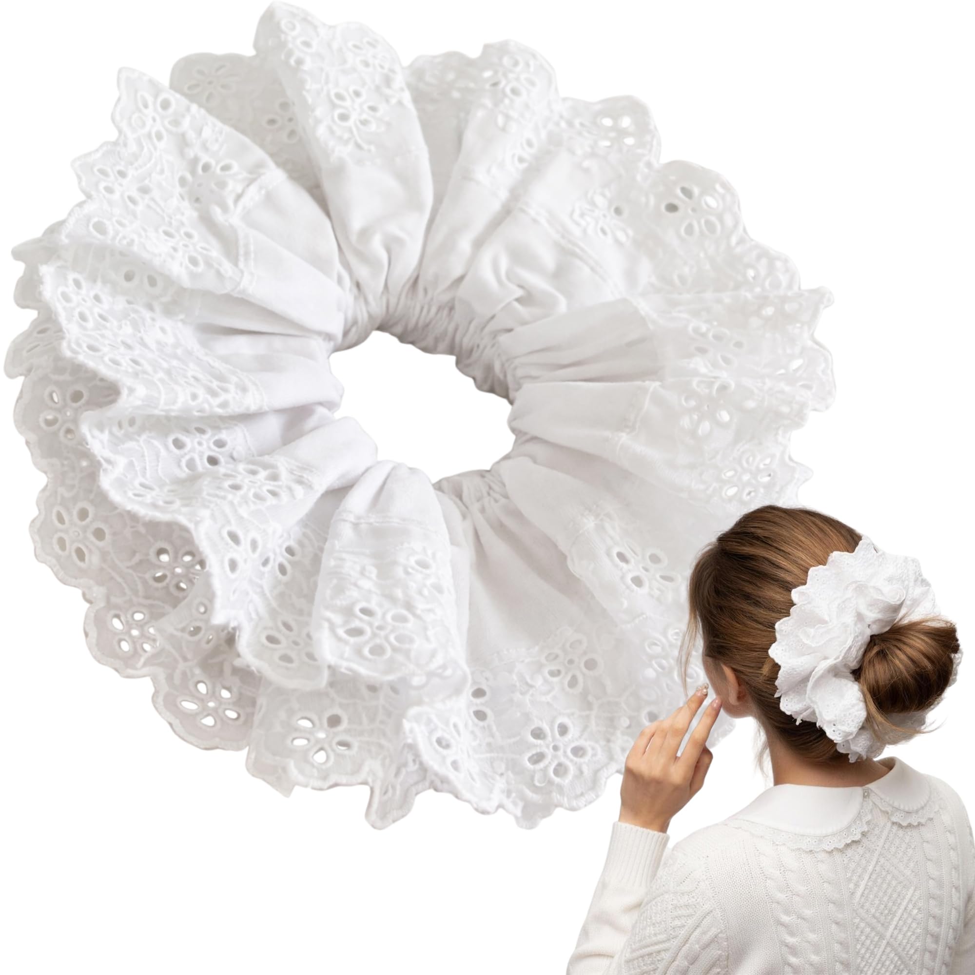 White Scrunchie, 17.5cm (6.9in) Large Oversized Hair Scrunchie for Women, Soft Elastic Big Lace Scrunchie for Thick Hair, Elegant Daily & Bridal Hair Accessory