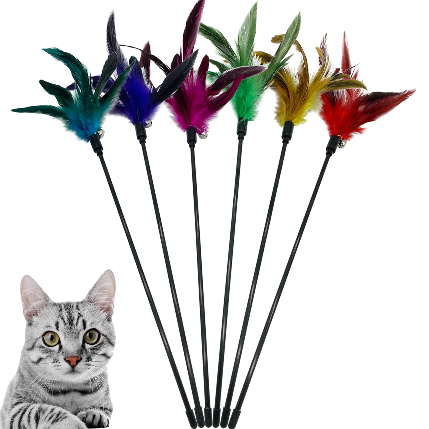 Photo 1 of CATENESS Cat Wand Toy Feather Stick Cat Toys, 6 Pieces Interactive Cat Toy Feathers Wand for Indoor Cats (A)