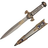 Wuu Jau H-74 Medieval Roman Viking Knights Dagger Knife with Engraved Metal Face Sheath Scabbard &amp; Gems, 14", Blue