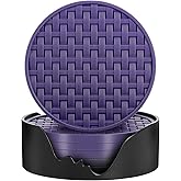 Purple Silicone Coasters with Holder, 4 Inches Non-Slip Decorative Cup Mats for Drinks, Heat Resistant & Waterproof Round Coaster Set of 6 for Home, Office, Kitchen, Bar Table
