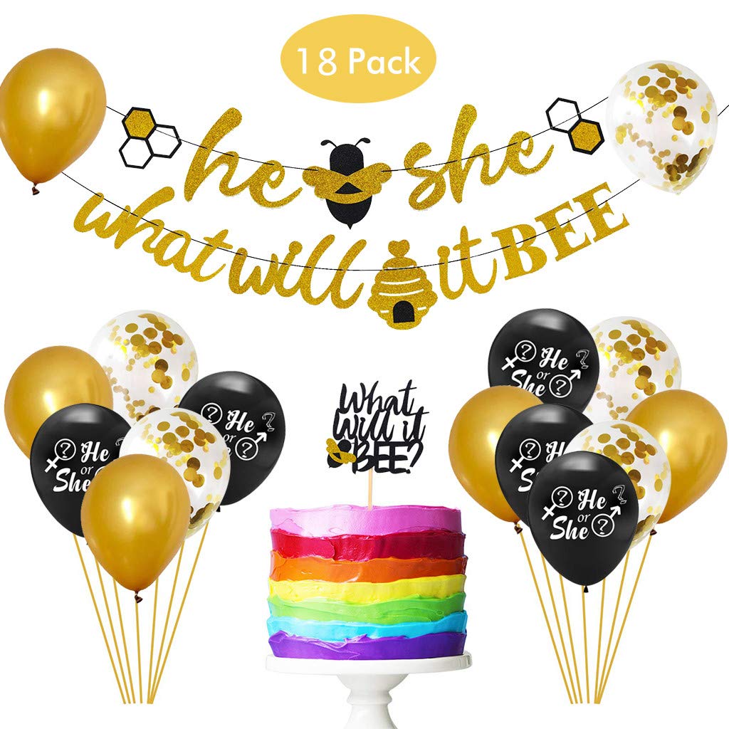 Dreamj What Will It Bee Banner He Or She Banner Gold Confetti Latex Balloons And Bee Cake Topper For Baby Shower Party Supplies 18pcs Gender Reveal Party Decorations Set Toys Games