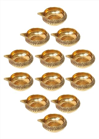 Wall1ders - (Set of 12) Handmade Indian Puja Brass Diya for Diwali Lamp Engraved Design Kuber Diya for Deepawali (Golden) - 2.5 inch