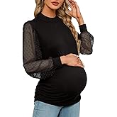 FMEYOA Women's Maternity Shirt Long Sleeve Top Swiss Dot Mock Neck Ribbed Knit Striped Ruched Side Blouse